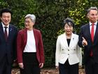 Penny Wong and Richard Marles hosted their Japanese counterparts for annual talks on Thursday. (Joel Carrett/AAP PHOTOS)