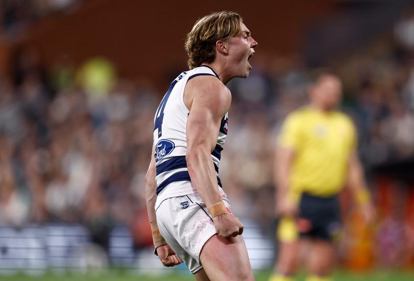 ADELAIDE, AUSTRALIA - SEPTEMBER 05: Tanner Bruhn of the Cats celebrates a goal during the 2024 AFL Second Qualifying Final match between the Port Adelaide Power and the Geelong Cats at Adelaide Oval on September 05, 2024 in Adelaide, Australia. (Photo by Michael Willson/AFL Photos via Getty Images)