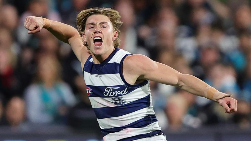 Geelong’s  Tanner Bruhn celebrates a goal.