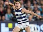 Geelong’s  Tanner Bruhn celebrates a goal.