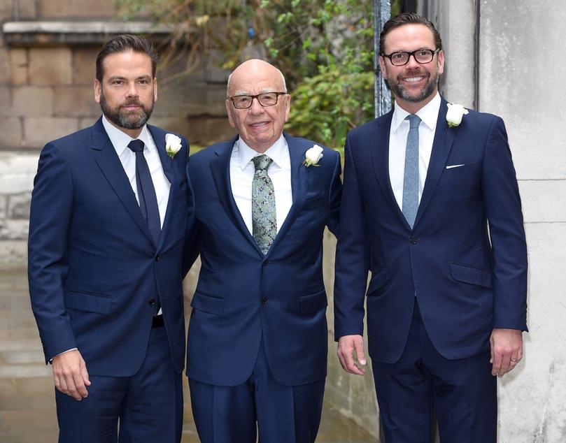 LONDON, ENGLAND - MARCH 05:  Rupert Murdoch arrives at St Bride's Church in London accompanied by his sons James (right) and Lachlan (left) for a ceremony of celebration a day after the media mogul officially married Jerry Hall on March 5, 2016 in London, England.  (Photo by Karwai Tang/WireImage)