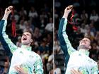 Benjamin Hance celebrates on the podium after his gold medal swim at the Paralympics.