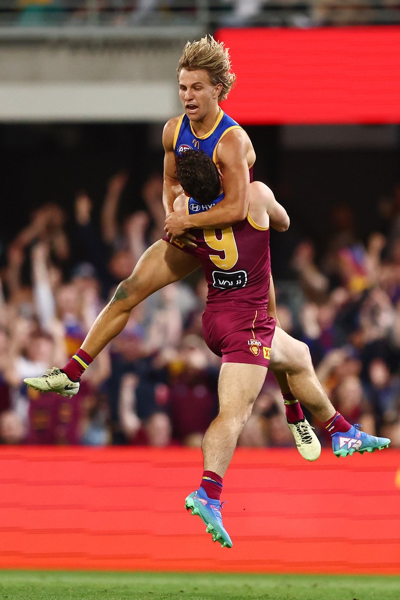 Kai Lohmann of the Lions celebrates a goal during the AFL First Elimination Final match.