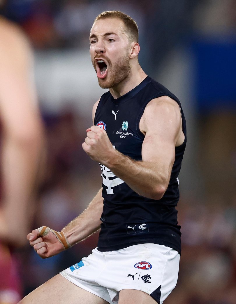 Harry McKay of the Blues celebrates a goal.