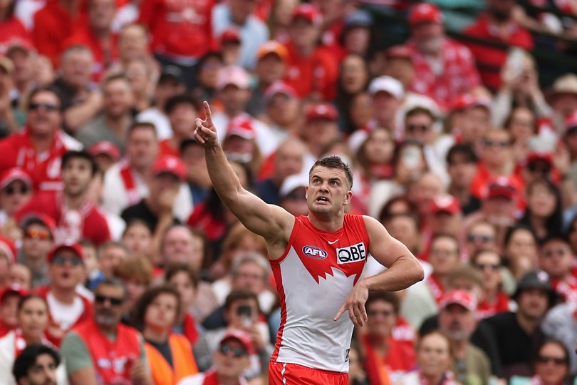 SYDNEY, AUSTRALIA - SEPTEMBER 07: Tom Papley of the Swans celebrates kicking a goal during the AFL First Qualifying Final match between Sydney Swans and Greater Western Sydney Giants at Sydney Cricket Ground, on September 07, 2024, in Sydney, Australia. (Photo by Cameron Spencer/Getty Images)