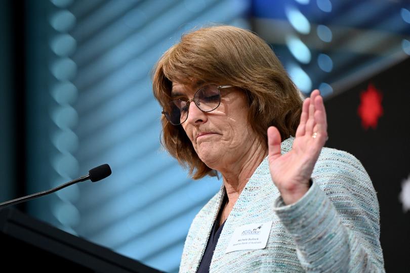 Reserve Bank of Australia (RBA) Governor Michele Bullock delivers a speech on the costs of high inflation, at the Anika Foundation luncheon in Sydney, Thursday, September 5, 2024. (AAP Image/Bianca De Marchi) NO ARCHIVING