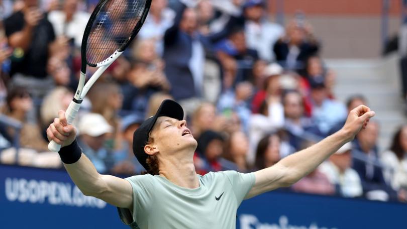 Jannik Sinner celebrates defeating Taylor Fritz in the US Open final.