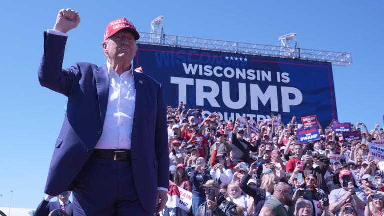 Republican presidential nominee former President Donald Trump arrives to speak during a campaign event at Central Wisconsin Airport, Saturday, Sept. 7, 2024, in Mosinee, Wis. (AP Photo/Alex Brandon)