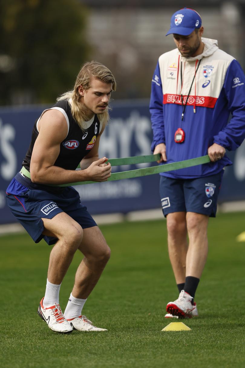 Smith at Bulldogs training earlier this year amid his rehabilitation from a knee injury.