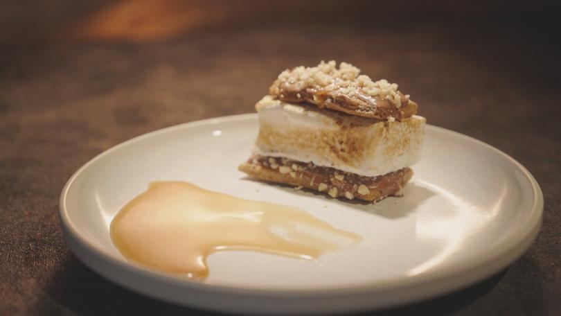 Rob and Liam's peanut butter smore with bourbon caramel sauce for My Kitchen Rules