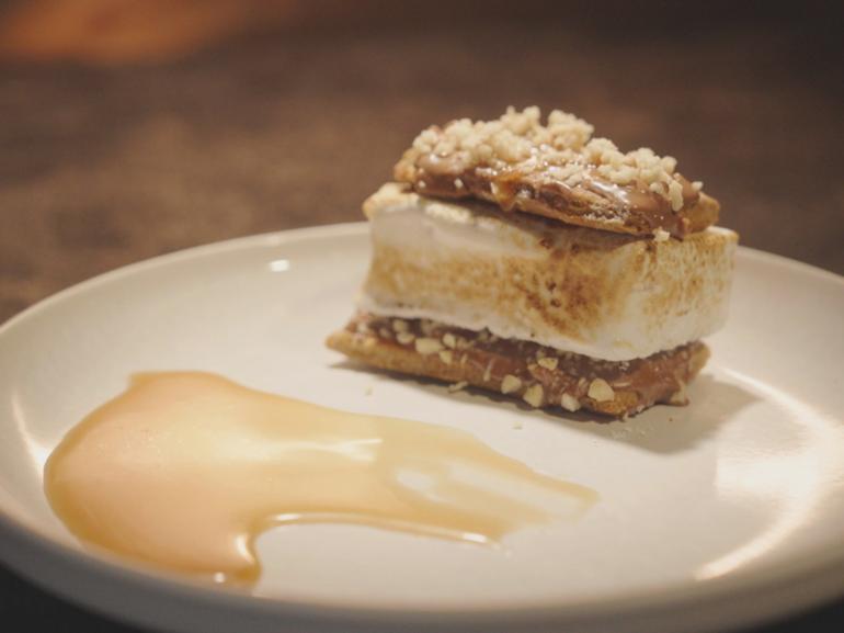 Rob and Liam's peanut butter smore with bourbon caramel sauce for My Kitchen Rules