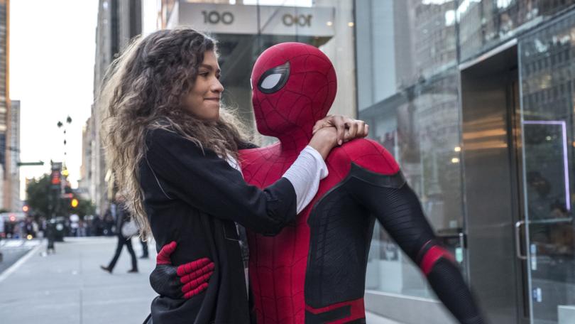 This image released by Sony Pictures shows Zendaya, left, and Tom Holland in a scene from "Spider-Man: Far From Home." (Jay Maidment/Columbia Pictures/Sony via AP)