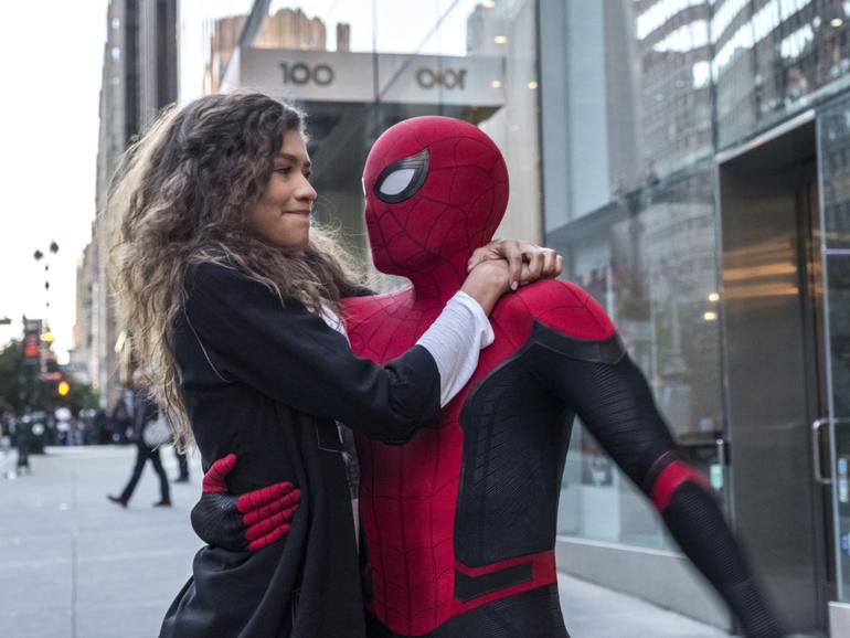 This image released by Sony Pictures shows Zendaya, left, and Tom Holland in a scene from "Spider-Man: Far From Home." (Jay Maidment/Columbia Pictures/Sony via AP)