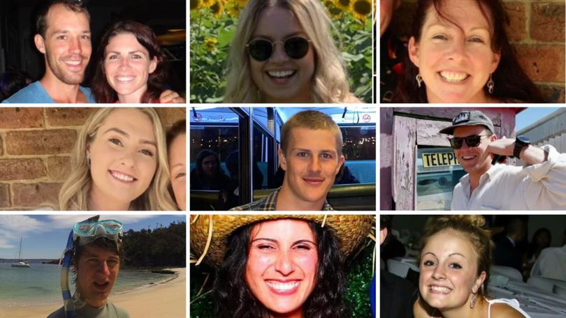 Hunter Valley bus crash victims Andrew and Lynan Scott, Darcy Bulman, Nadene McBride, Kyah McBride, Kane Symons, Zach Bray, Angus Craig, Tori Cowburn, and Rebecca Mullen.