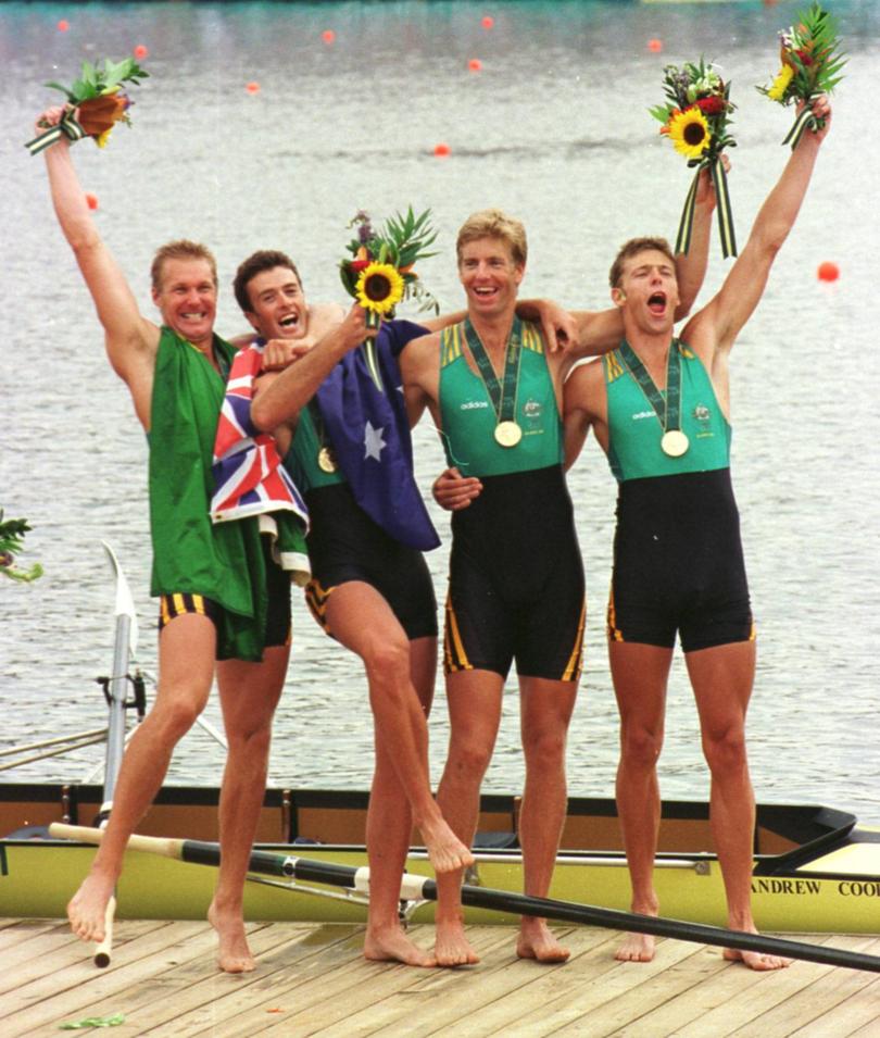 The ‘Oarsome Foursome’ (left to right) - Michael McKay, Nick Green, James Tomkins and Drew Ginn receive their gold medals for winning the coxless fours at the Atlanta Olympics.. 