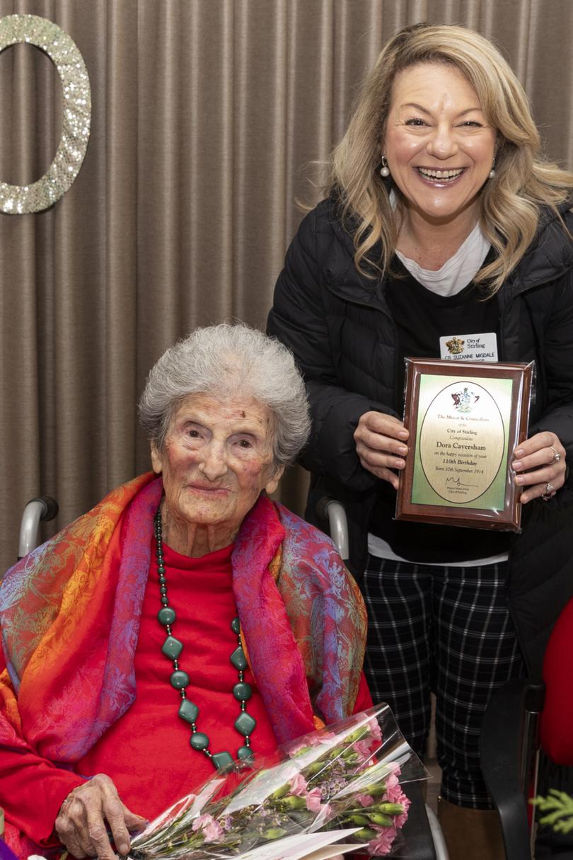 WA’s supercentenarian Dora Caverson turned 110 on Tuesday. Dora with acting City of Stirling Mayor Suzanne Migdale