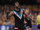 ADELAIDE, AUSTRALIA - SEPTEMBER 13: Willie Rioli of the Power celebrates a goal during the 2024 AFL Second Semi Final match between the Port Adelaide Power and the Hawthorn Hawks at Adelaide Oval on September 13, 2024 in Adelaide, Australia. (Photo by James Elsby/AFL Photos via Getty Images)