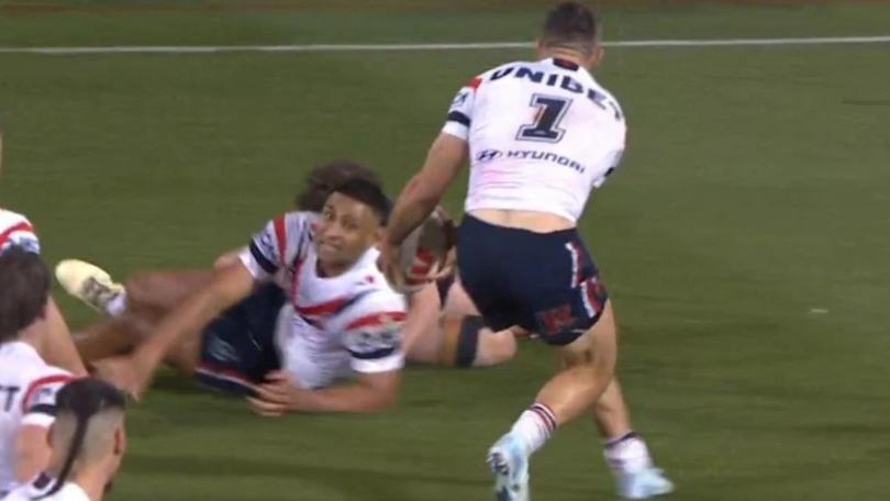 The Roosters were penalised for a controversial forward pass decision. 