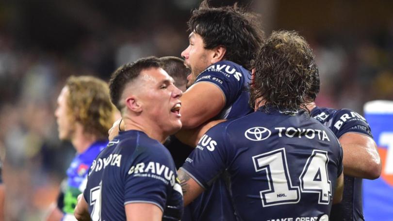 North Queensland celebrate a try in their thrilling 28-16 NRL elimination final win over Newcastle. 