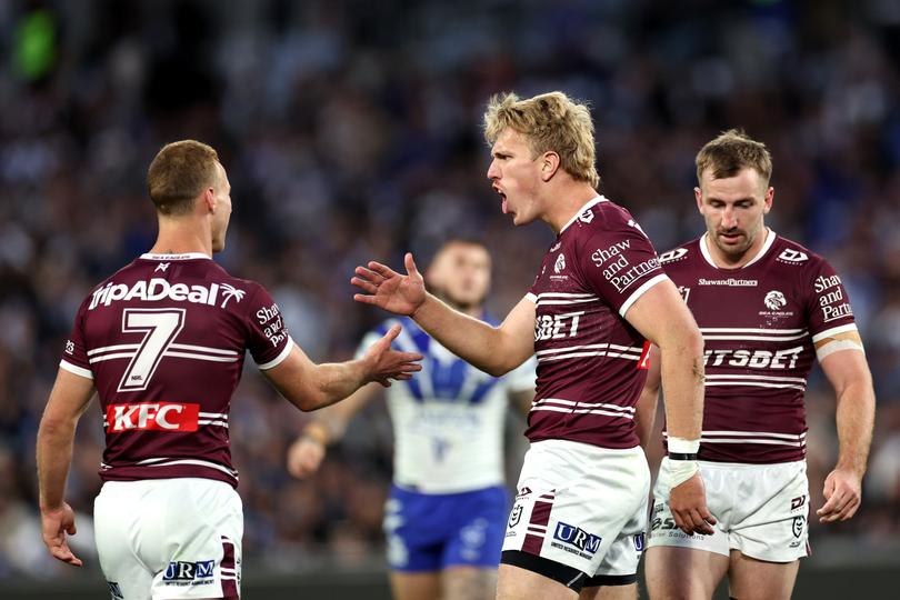 SYDNEY, AUSTRALIA - SEPTEMBER 15: Ben Trbojevic of the Sea Eagles celebrates during the NRL Qualifying Final match between Canterbury Bulldogs and Manly Sea Eagles at Accor Stadium on September 15, 2024 in Sydney, Australia. (Photo by Cameron Spencer/Getty Images)