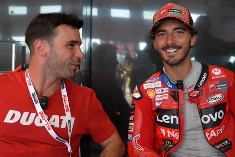 Salvadori with Pecco Bagnaia at a Ducati ride day.