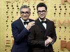 Eugene Levy and Dan Levy will host the annual Emmy Awards in Los Angeles. (AP PHOTO)