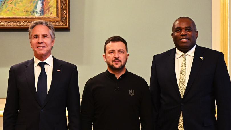 US Secretary of State Antony Blinken, President of Ukraine Volodymyr Zelensky and UK Foreign Secretary David Lammy attend a trilateral meeting in Kyiv, Ukraine. 