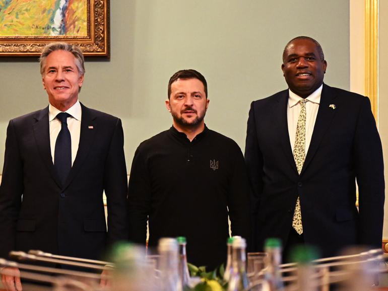 US Secretary of State Antony Blinken, President of Ukraine Volodymyr Zelensky and UK Foreign Secretary David Lammy attend a trilateral meeting in Kyiv, Ukraine. 