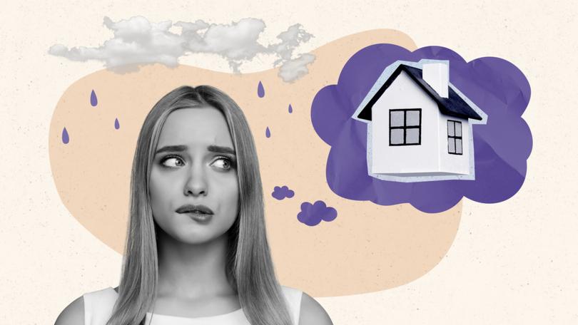 Photo collage creative picture young upset girl thinking relocation new house dwelling rainy weather clouds drawing background.