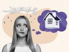 Photo collage creative picture young upset girl thinking relocation new house dwelling rainy weather clouds drawing background. 