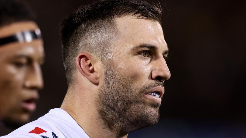 PENRITH, AUSTRALIA - SEPTEMBER 13: James Tedesco of the Roosters looks on during the NRL Qualifying Final match between Penrith Panthers and Sydney Roosters at BlueBet Stadium on September 13, 2024 in Penrith, Australia. (Photo by Cameron Spencer/Getty Images)