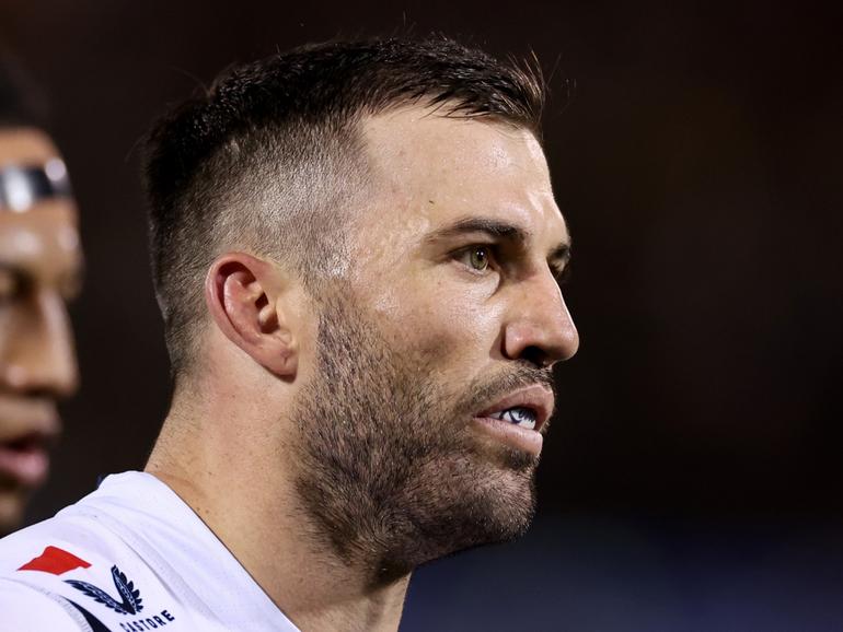 PENRITH, AUSTRALIA - SEPTEMBER 13: James Tedesco of the Roosters looks on during the NRL Qualifying Final match between Penrith Panthers and Sydney Roosters at BlueBet Stadium on September 13, 2024 in Penrith, Australia. (Photo by Cameron Spencer/Getty Images)