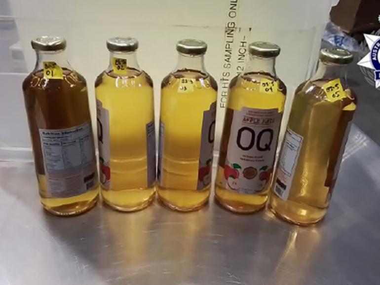 The consignment of juice bottles allegedly contained 1280 litres of liquid methamphetamine.