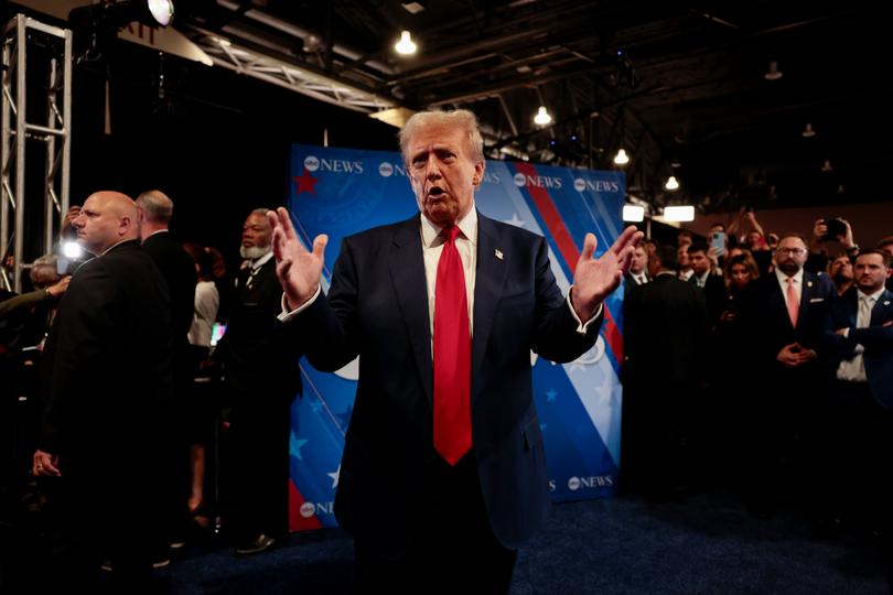 Former US President Donald Trump speaks to members of the media in the spin room following the second presidential debate at the Pennsylvania Convention Center in Philadelphia, Pennsylvania, US, on Tuesday, Sept. 10, 2024. Democrat Kamala Harris and Republican Donald Trump sparred through their first debate, with the former president often on the defensive over abortion rights, the January 6 insurrection and on foreign policy. Photographer: Hannah Beier/Bloomberg