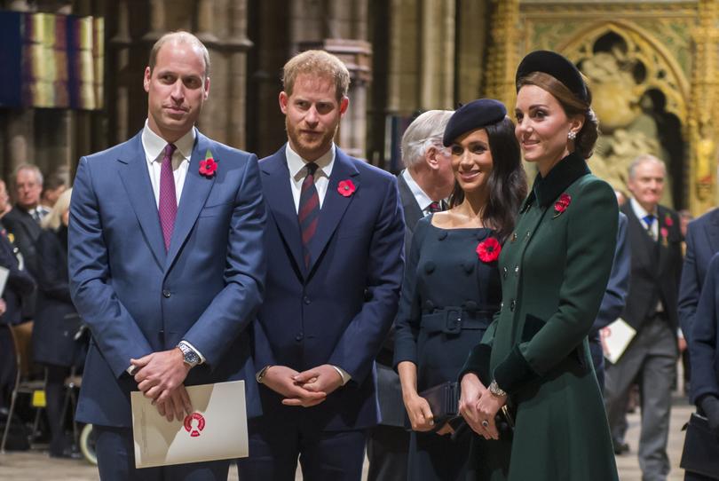 William, Harry, Meghan and Catherine in happier times, before the royal rift. 