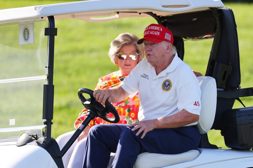 BEDMINSTER, NEW JERSEY - AUGUST 11: Former President Donald Trump is seen on the on the 15th hole during day one of the LIV Golf Invitational - Bedminster at Trump National Golf Club on August 11, 2023 in Bedminster, New Jersey. (Photo by Mike Stobe/Getty Images)