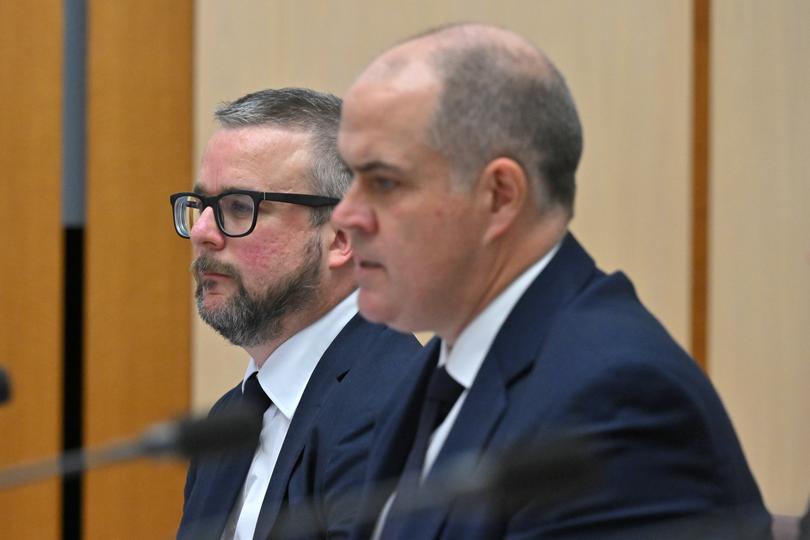 ABC news director Justin Stevens, left, with managing director David Anderson at a Senate estimates hearing.