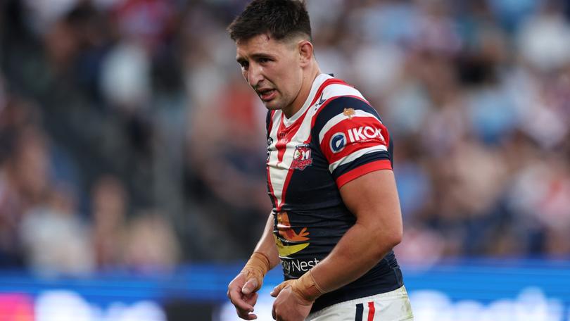 SYDNEY, AUSTRALIA - SEPTEMBER 01: Victor Radley of the Roosters reacts to an injury during the round 26 NRL match between Sydney Roosters and Canberra Raiders at Allianz Stadium, on September 01, 2024, in Sydney, Australia. (Photo by Cameron Spencer/Getty Images)