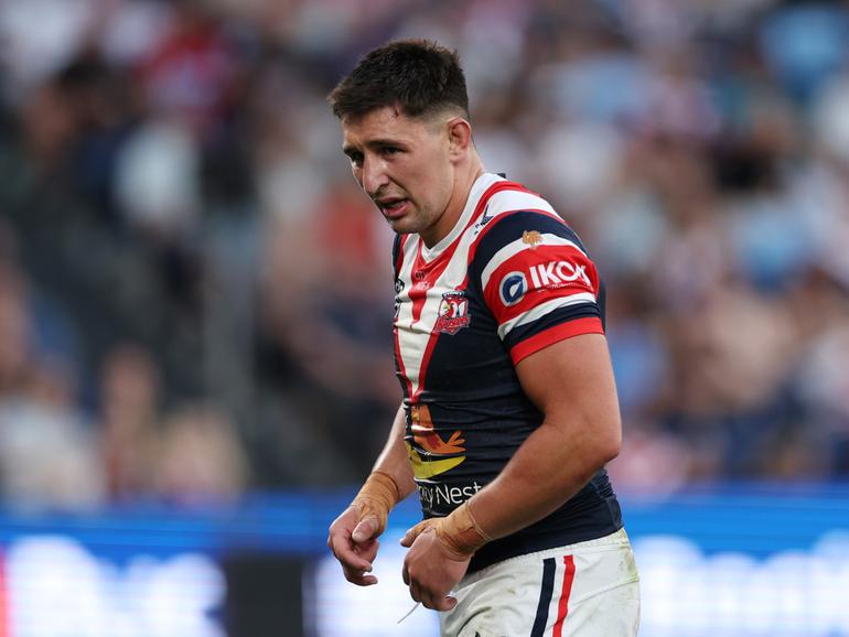 SYDNEY, AUSTRALIA - SEPTEMBER 01: Victor Radley of the Roosters reacts to an injury during the round 26 NRL match between Sydney Roosters and Canberra Raiders at Allianz Stadium, on September 01, 2024, in Sydney, Australia. (Photo by Cameron Spencer/Getty Images)