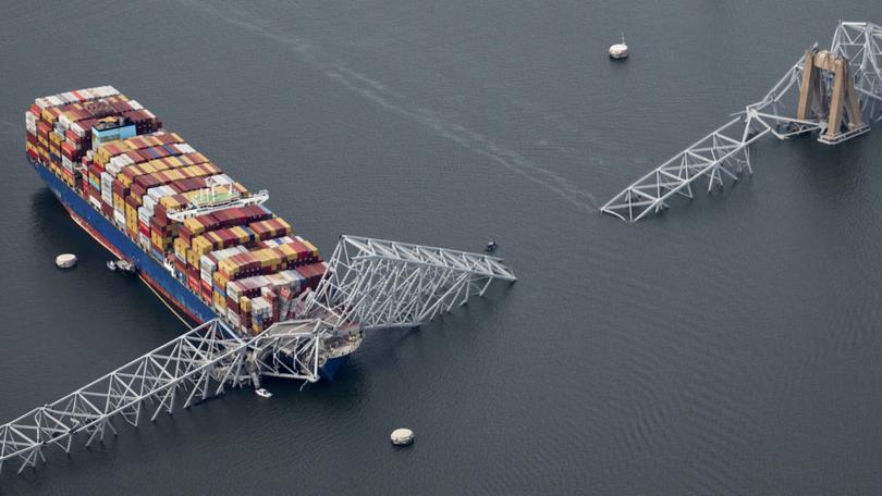 An aerial view of the Dali, a cargo ship that hit the Francis Scott Key Bridge in Baltimore on March 26, 2024, killing six workers.