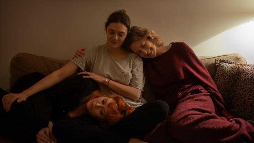 His Three Daughters. (L-R) Natasha Lyonne as Rachel, Elizabeth Olsen as Christina and Carrie Coon as Katie in His Three Daughters. 