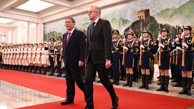 Prime Minister Anthony Albanese (right) with Chinese Premier Li Qiang (left) at the Great Hall of the People in Beijing in 2023.