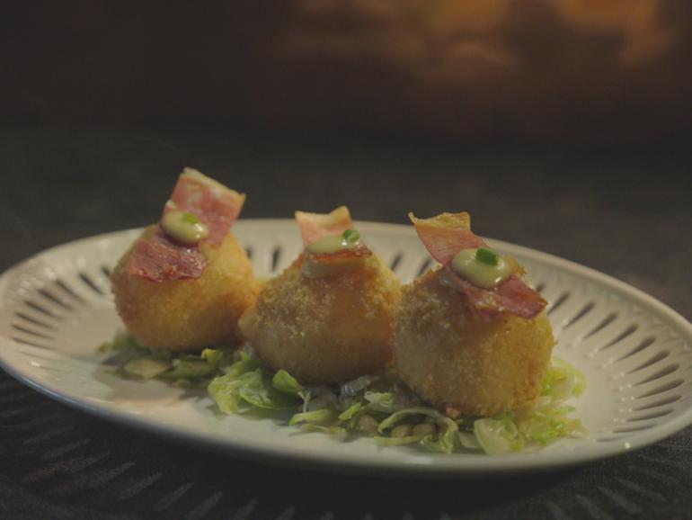 MKR: Hannah and Lawrence's Croquettes De Fromage with Ginger Brussel Sprouts and Jalapeno Aioli