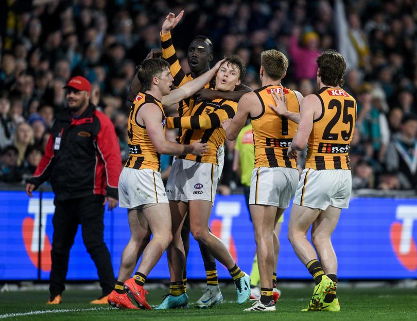 ADELAIDE, AUSTRALIA - SEPTEMBER 13: Jack Ginnivan of the Hawks  celebrates a goal  during the AFL Second Semi Final match between Port Adelaide Power and Hawthorn Hawks at Adelaide Oval, on September 13, 2024, in Adelaide, Australia. (Photo by Mark Brake/Getty Images)