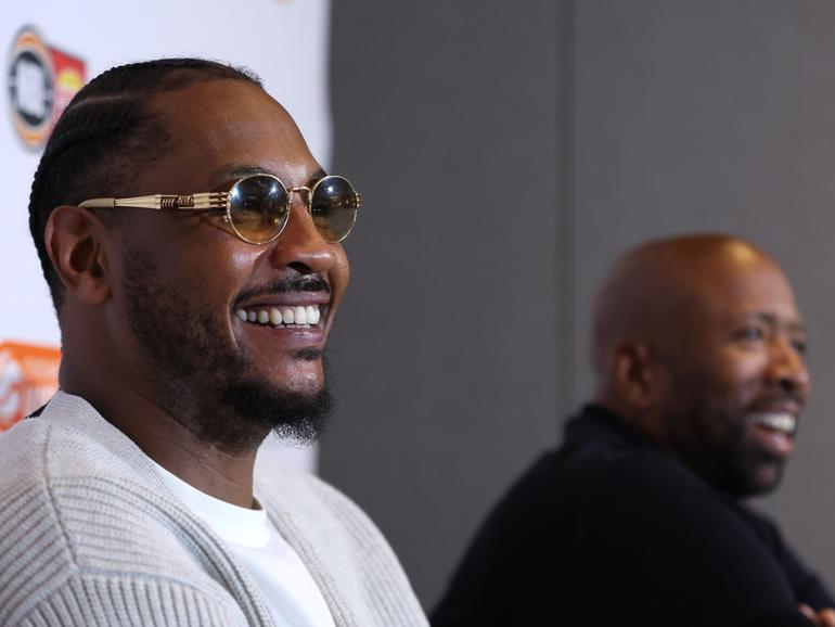 Carmelo Anthony and Kenny Smith speak to the media during a NBL HoopsFest Press Conference in Perth.