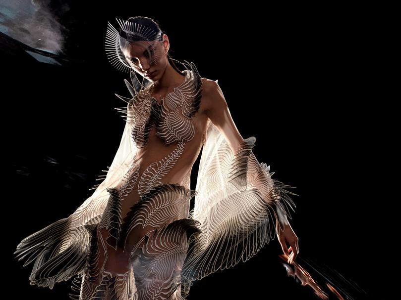 Iris van Herpen / Netherlands b.1984 / Labyrinthine Kimono dress, from the Sensory Seas collection 2020 / Glass organza, crepe, tulle, Mylar /Collection: Iris van Herpen / Photograph: David zchukwu /  David zchukwu