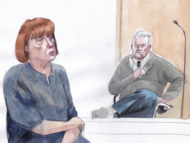 A courtroom sketch of Gisèle Pelicot, left, and her ex-husband Dominique Pelicot, right, during his trial.