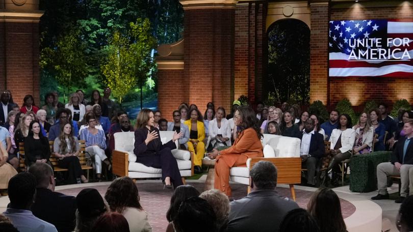 Democratic presidential nominee Vice President Kamala Harris joins Oprah Winfrey at Oprah's Unite for America Live Streaming event Thursday, Sept. 19, 2024 in Farmington Hills, Mich. (AP Photo/Paul Sancya)