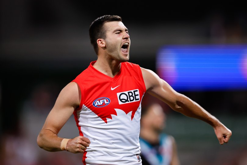 SYDNEY, AUSTRALIA - SEPTEMBER 20: Logan McDonald of the Swans celebrates a goal during the 2024 AFL First Preliminary Final match between the Sydney Swans and the Port Adelaide Power at The Sydney Cricket Ground on September 20, 2024 in Sydney, Australia. (Photo by Dylan Burns/AFL Photos via Getty Images)