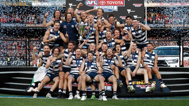 The Cats celebrating their 2022 Grand Final victory.